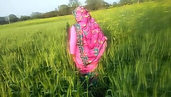 Outdoor romantic encounter between an Indian village housewife in Hindi