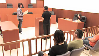 Three Guys Pleasuring One Girl In A Courtroom Setting