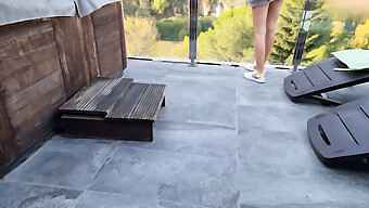 A Girl Pees And Squirts On A Balcony In The Mountains