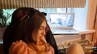 Young Blonde Girl Indulges In Solo Pleasure While Watching Hardcore Porn